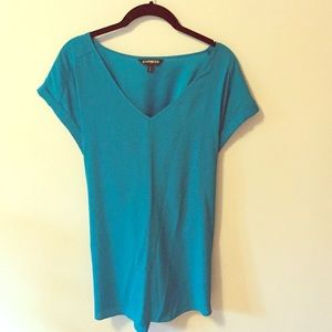 Express silky short-sleeve blouse in teal XL.
